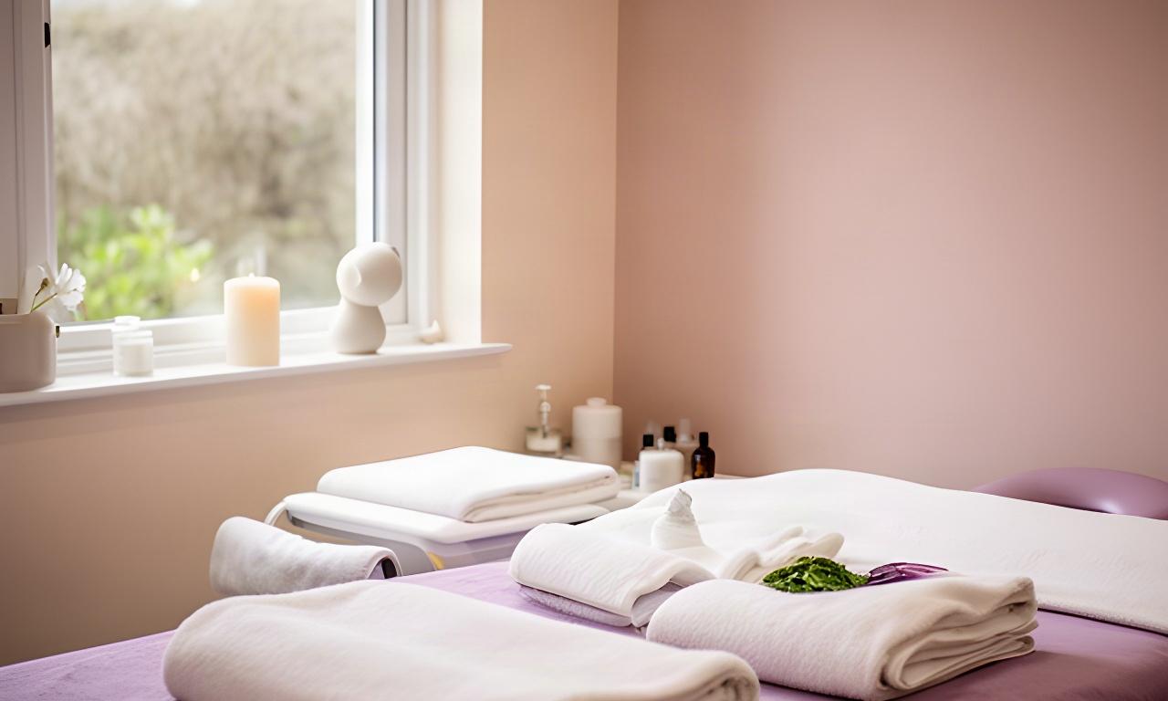 Quiet spa treatment room in Saint Austell with soft light, folded towels and a massage table beside a window